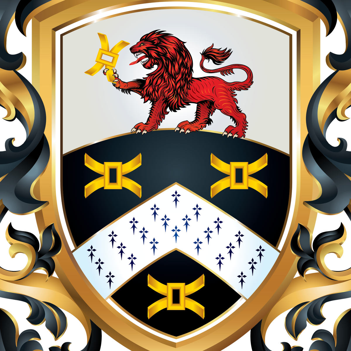 A closeup or the Turner coat of arms with a  heraldic shield crest with a red lion holding a gold millrind on a white upper field, a black lower field with 3 gold millrinds, a white chevron with ermine pattern, and ornate gold and black scrollwork framing the shield.