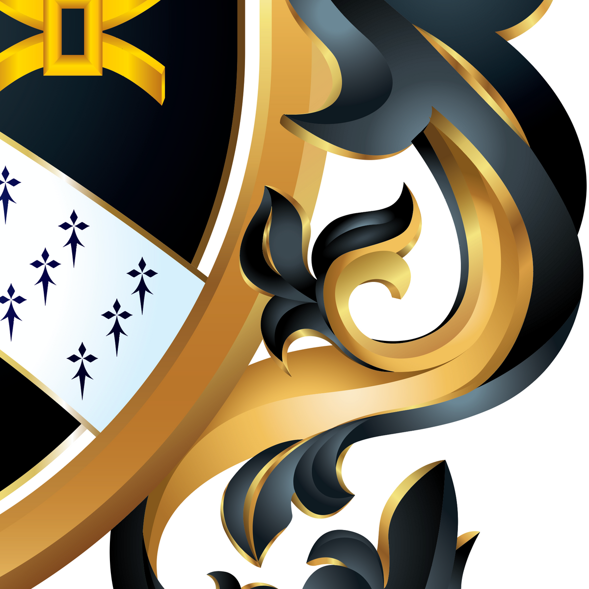 A closeup from the Turner coat of arms with gold and black scrollwork motif over a shield with a white field and dark blue fleur-de-lis.