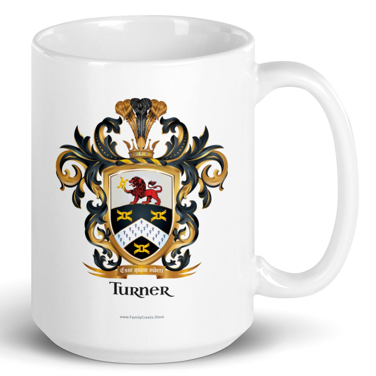 A white mug on a white background, printed with the Turner Family Crest featuring a red lion.