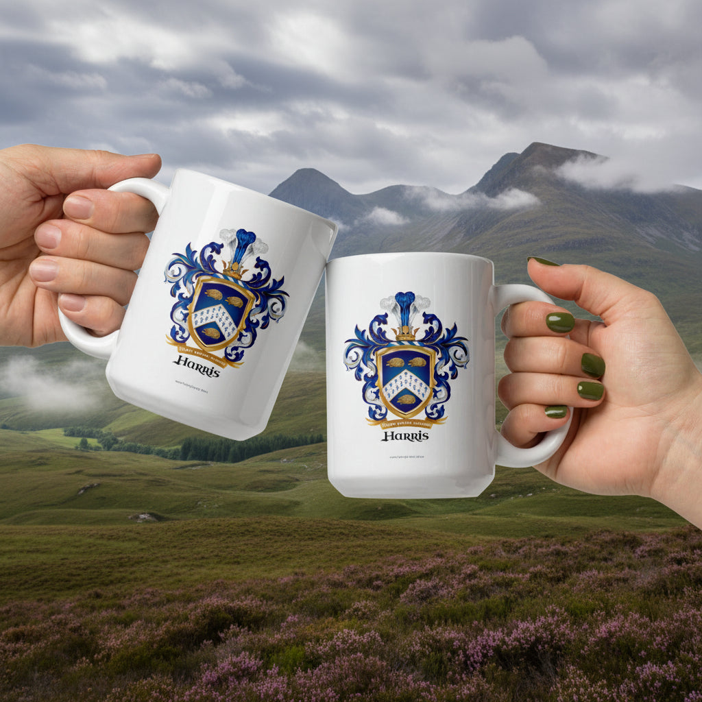 Two hands holding white mugs with Harris family crests with Scottish landscape scenery in the background