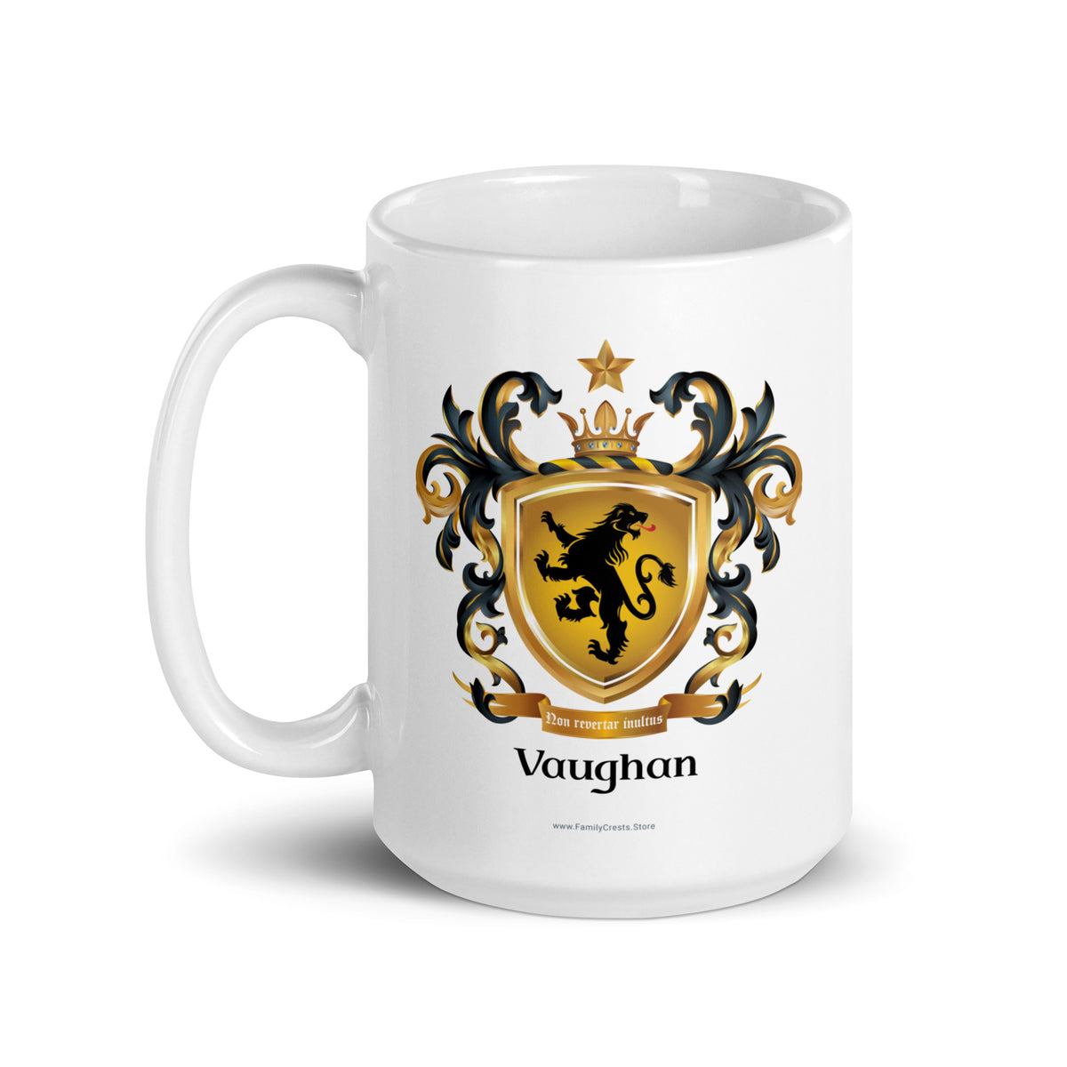A white mug with handle to left, on a white background, printed with the Vaughan Family Crest featuring a black lion on a gold shield.