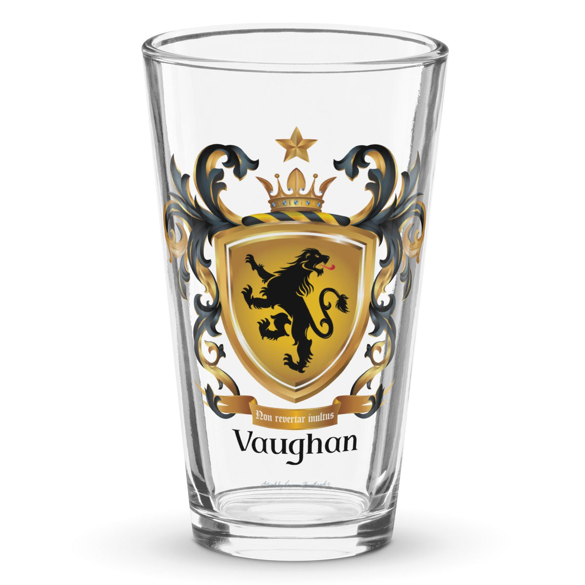 A clear classic pint beer glass on a white background, printed with the Vaughan Family Crest which has a gold shield with a black standing lion looking back.