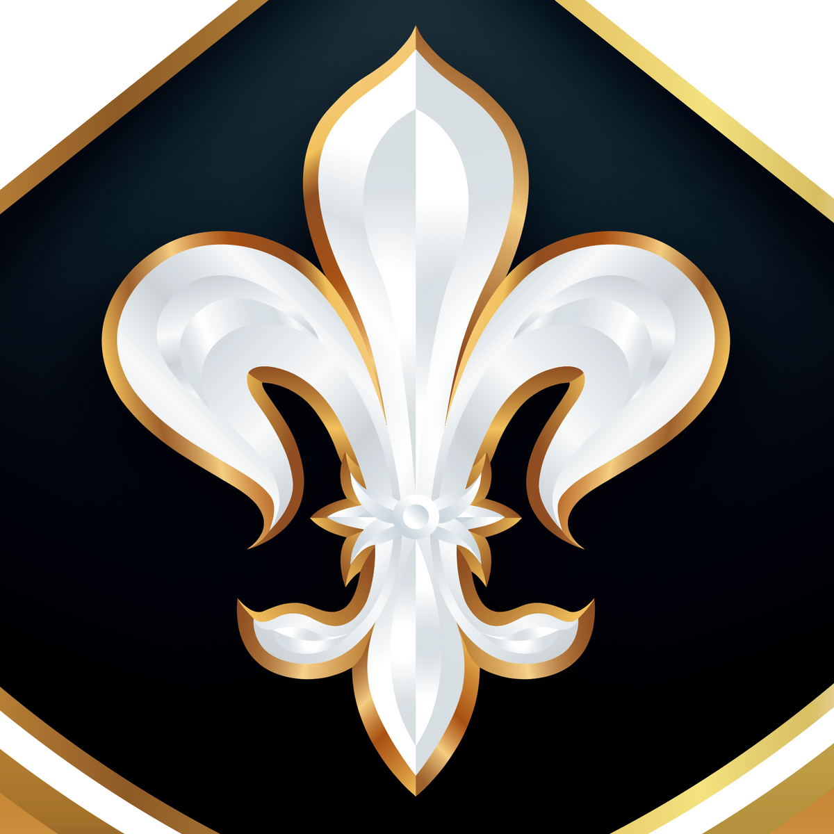A close-up of the Vaughn Coat of Arms featuring a white fleur-de-lis emblem with gold outlines on a black shield background with gold border accents.