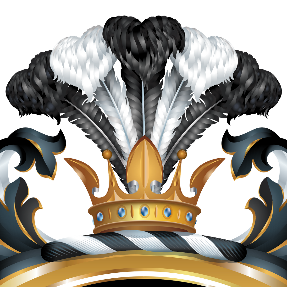 A close-up of the Vaughn Coat of Arms  featuring a gold crown with blue jewel accents, black-and-white feathers, and ornate black-and-gold mantling on a white background.