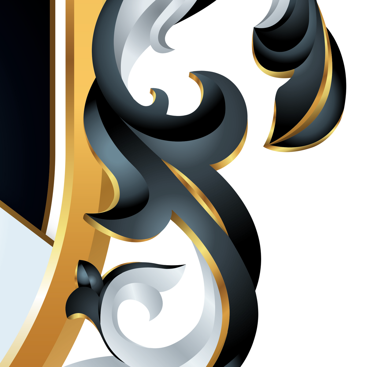 A close-up of the Vaughn Coat of Arms  showing ornate black scrollwork with metallic gold and silver edges on a white background.
