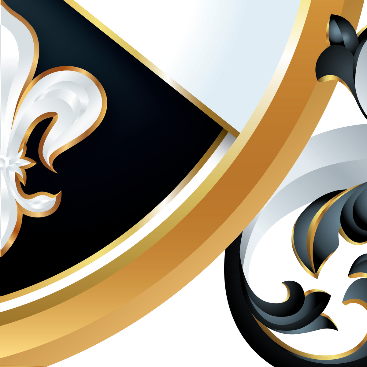 A close-up of the Vaughn Coat of Arms  featuring psty of a black and white fleur-de-lis emblem outlined in gold, alongside ornate black scrollwork and curved gold borders on a white background.