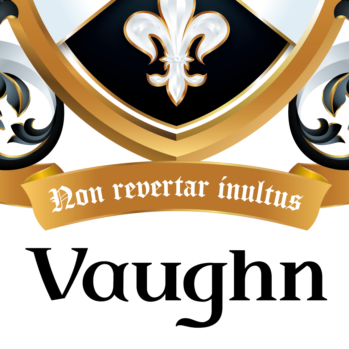 A close-up of the lower half of the Vaughn Coat of Arms showing a white fleur-de-lis, a gold motto scroll reading 'Non revertar inmultus', and the name 'Vaughn' in black serif font below on a white background.