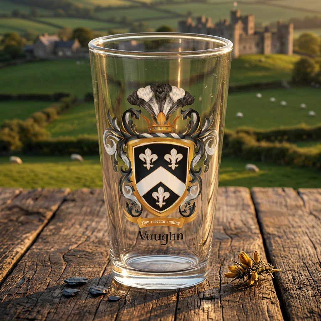 A clear pint glass with a Vaughn family crest printed on the front, featuring a black and white shield with three white fleurs-de-lis, a gold crown, and the name printed below in black. The glass is photographed on an old wooden tabletop with a rural view of Wales and with a castle in the distance.