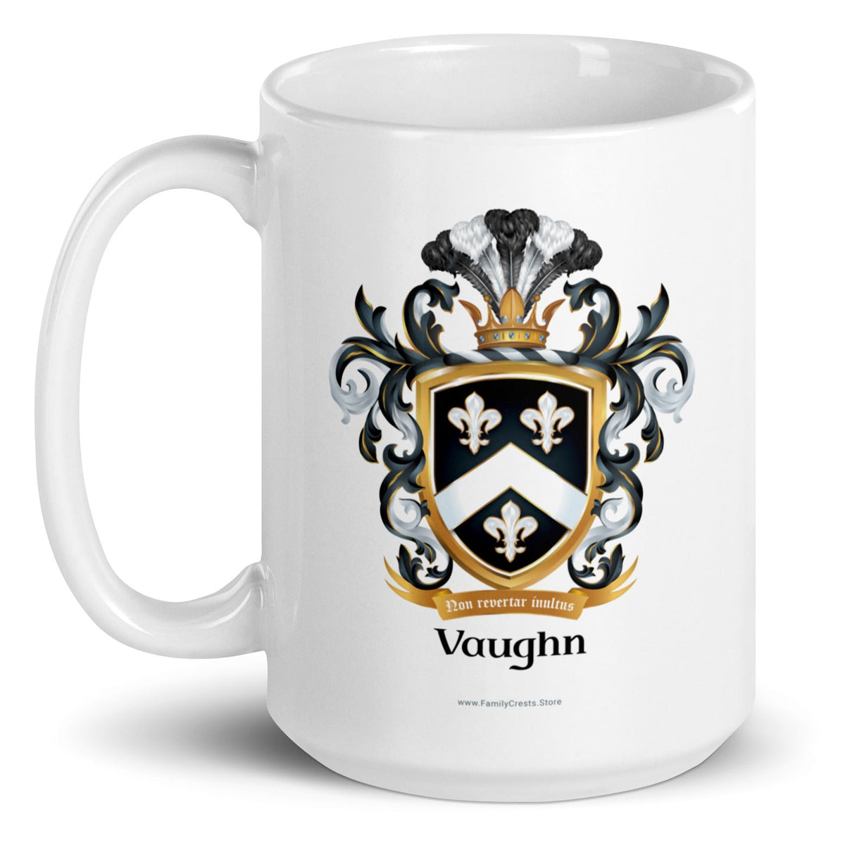 A white mug with handle to left, on a white background, printed with the Vaughn Family Crest with white chevron and 3 fleur de lis.