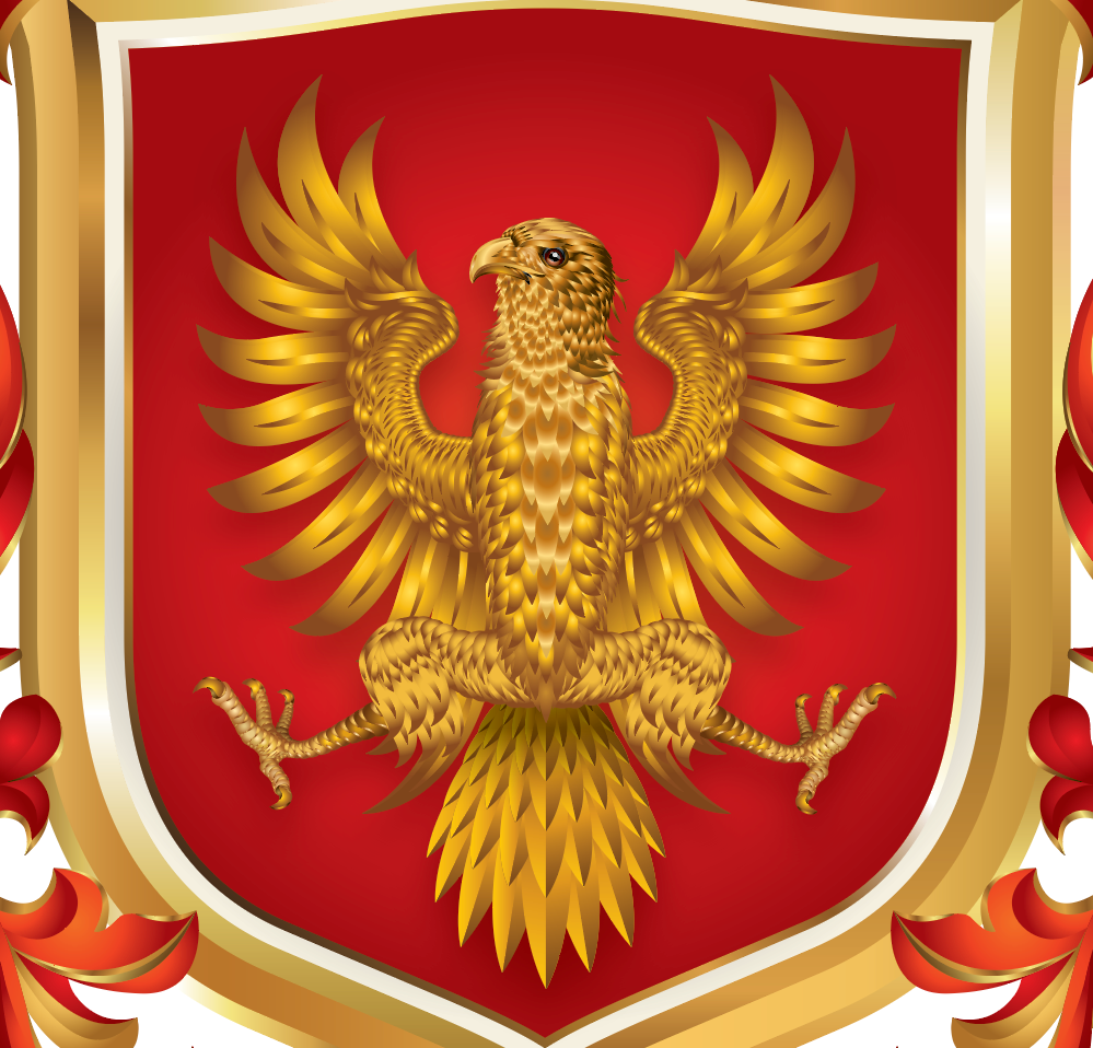 A heraldic shield design featuring a golden eagle with spread wings on a red background, surrounded by a gold and white border with red ribbon-like flourishes.