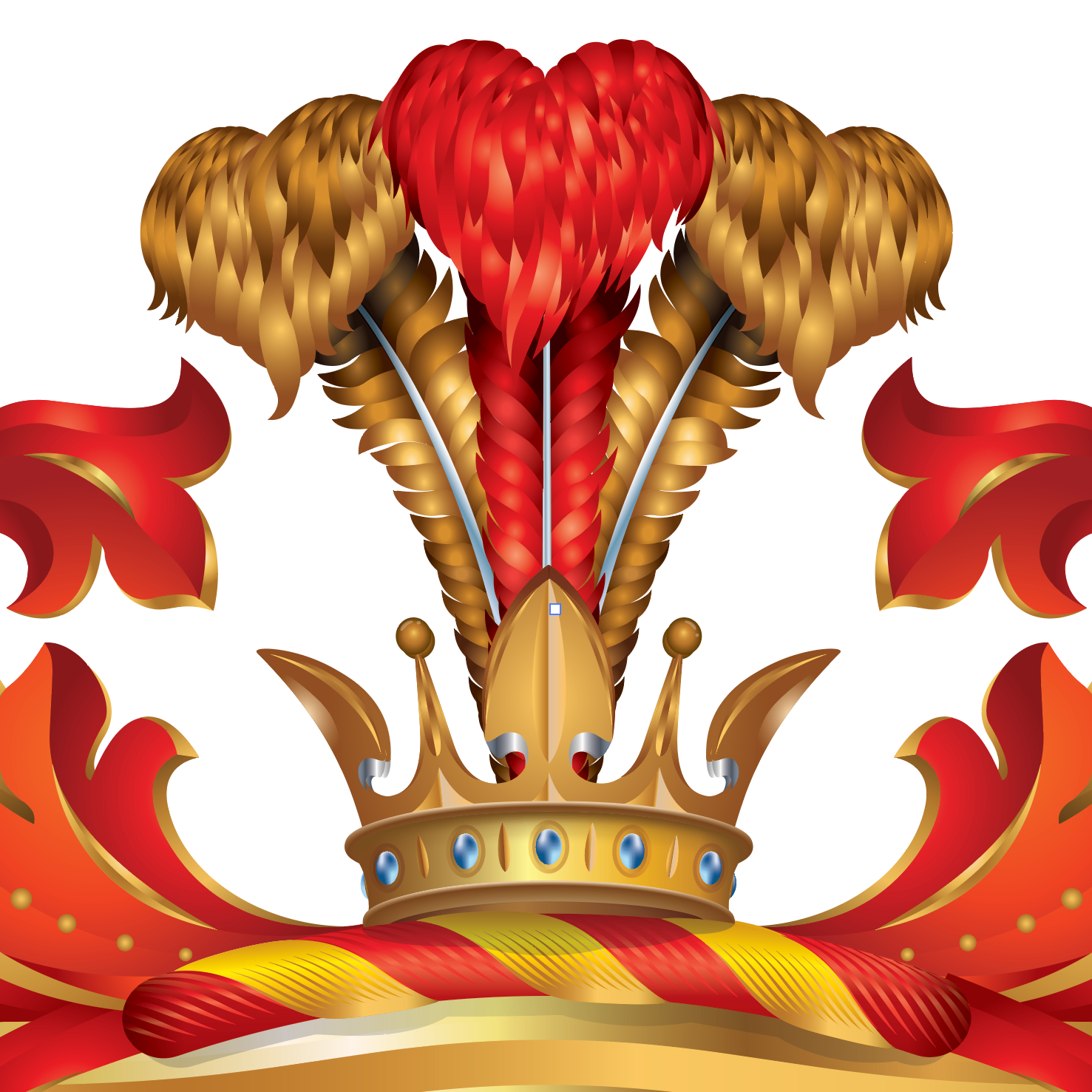 A close-up of the Vega Family Crest featuring a red and gold feathers arising mantling on a white background.