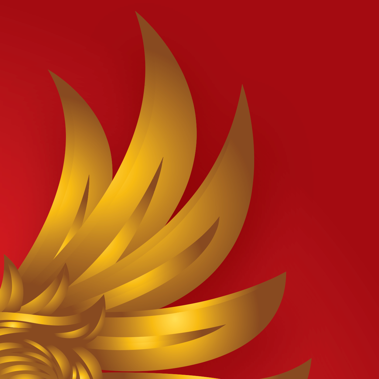 A close-up of the Vega Family Crest featuring eagle feathers a solid red background.
