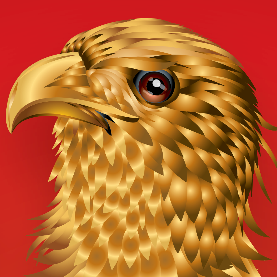 A close-up of the Vega Family Crest featuring a golden eagle's head in profile against a solid red background.