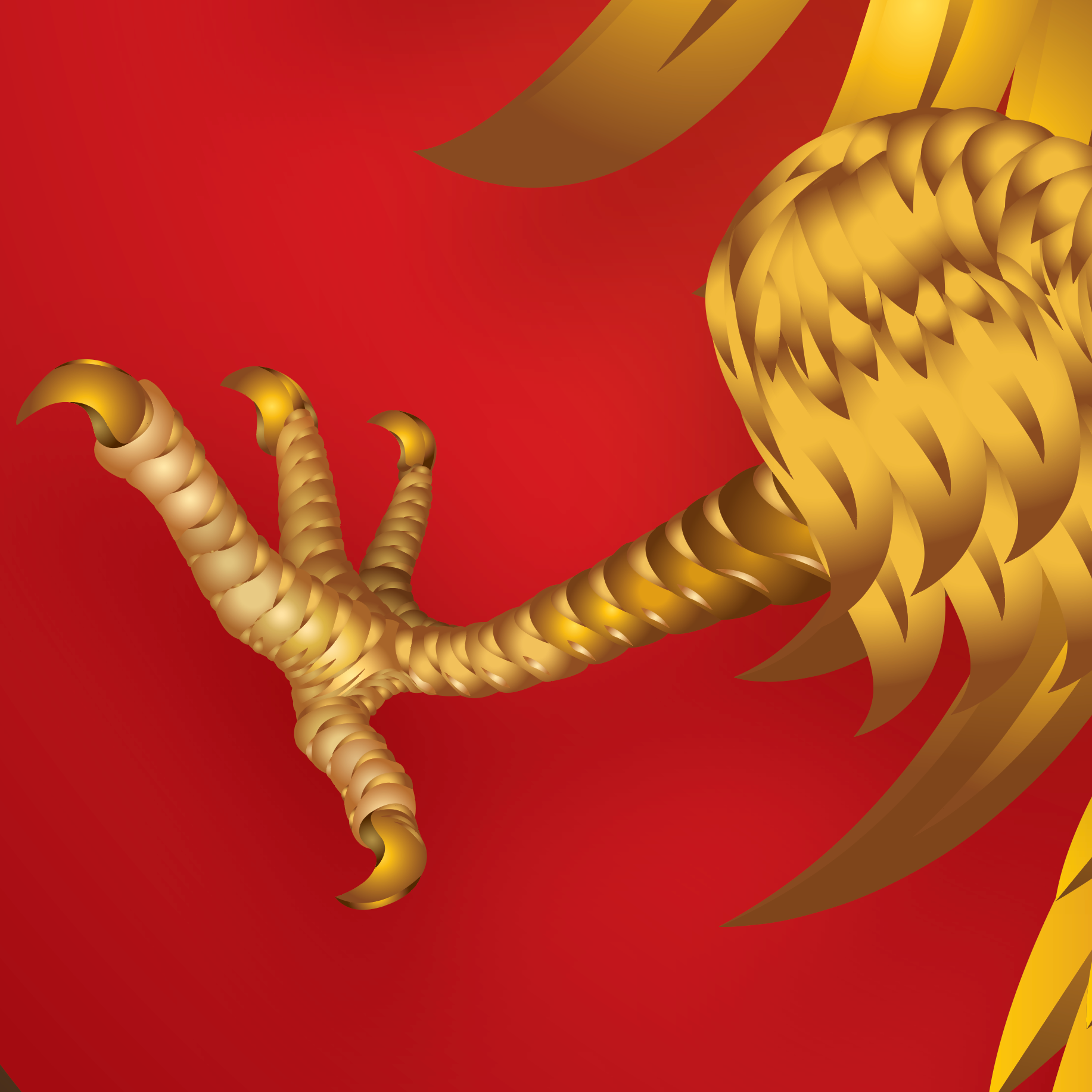 A close-up of the Vega Family Crest featuring a golden eagle's talon and feather details on a solid red background.