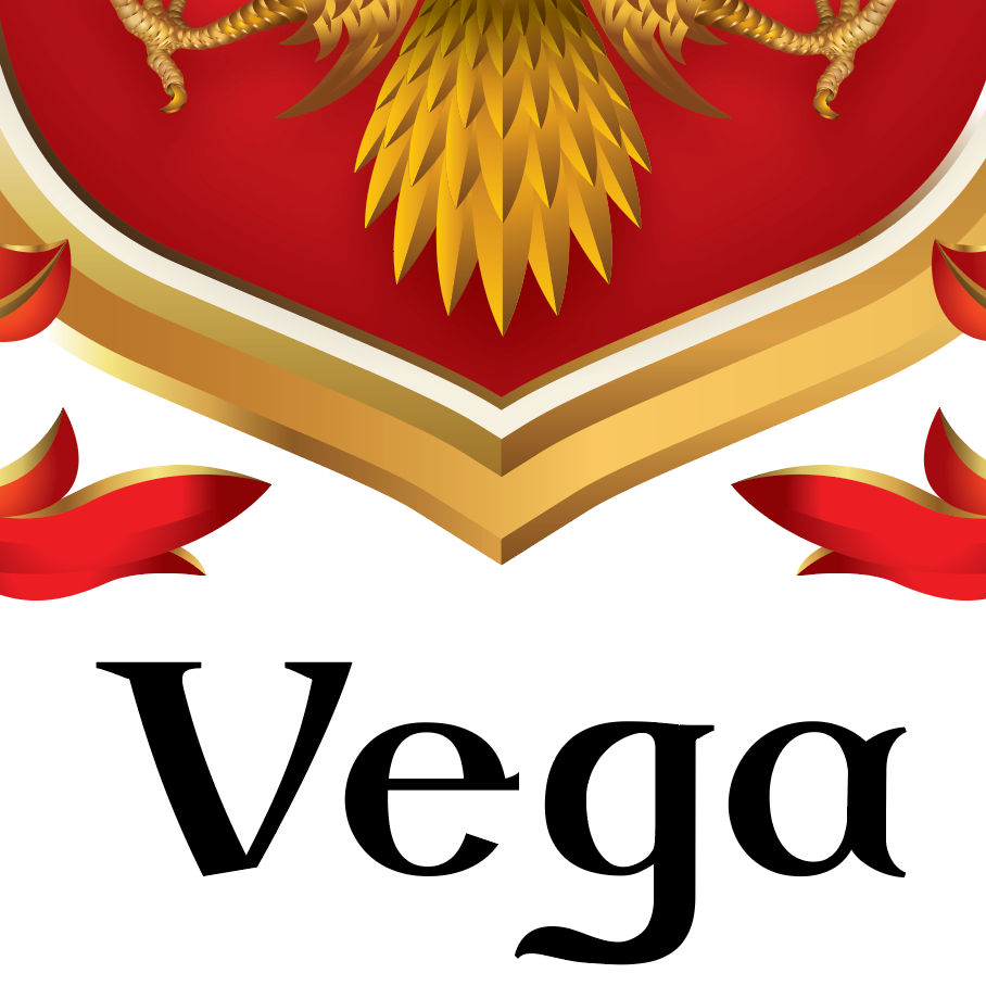 A close-up of the Vega Family Crest featuring a red and gold crest with a golden eagle's claws and tail feathers above the word 'Vega' in black serif text on a white background.