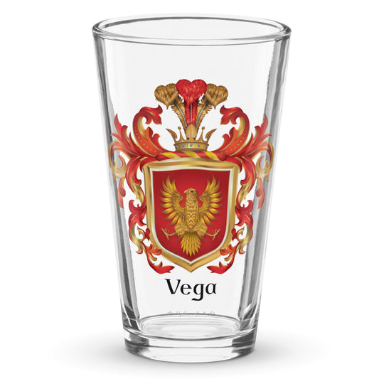 The Vega Family Crest beer glass wuth gold eagle on a red shield