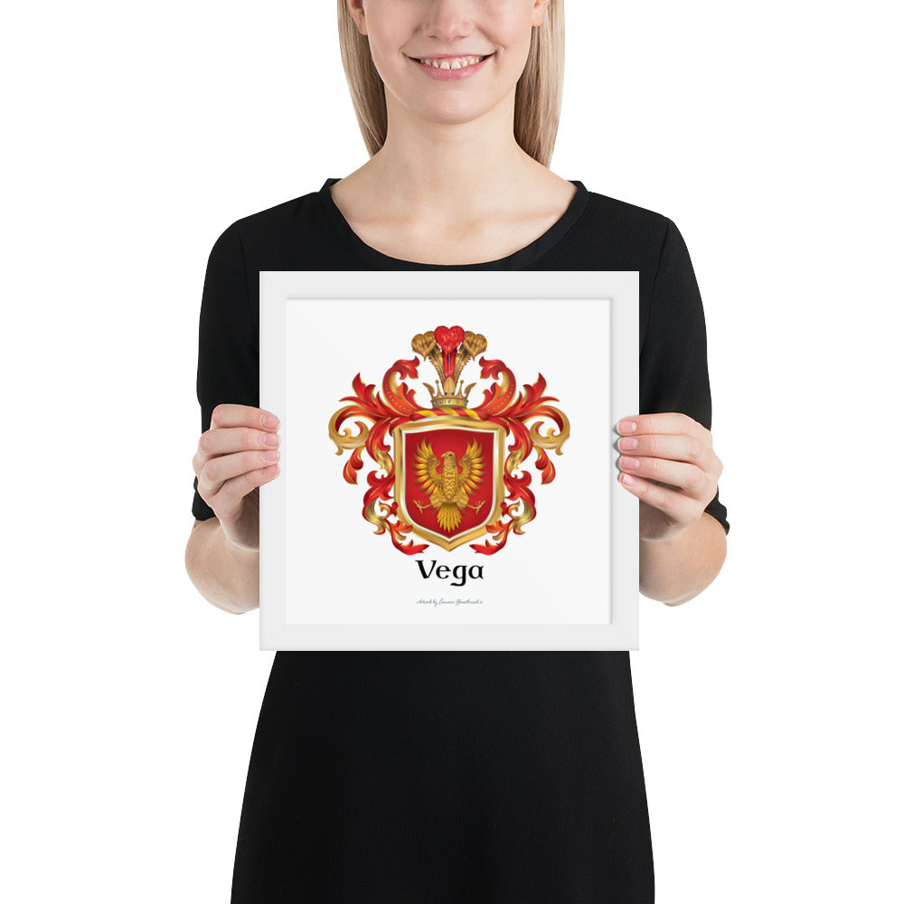 A woman olding  framed print of a Vega coat of arms featuring a golden eagle