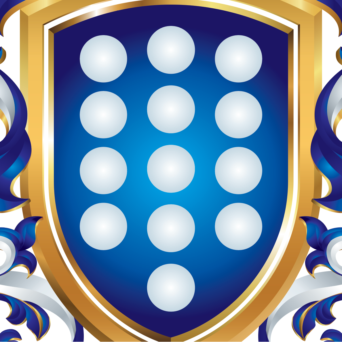 Velasquez Family Crest with 13 white roundels on a blue shield with mantling either side