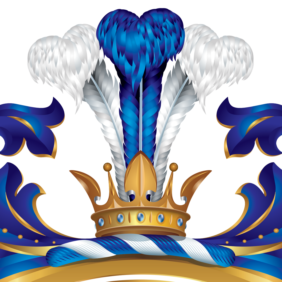 A closeup of the Velasquez-coat-of-arms   featuring a gold crown, blue and white feathers,and a blue-and-white mantling