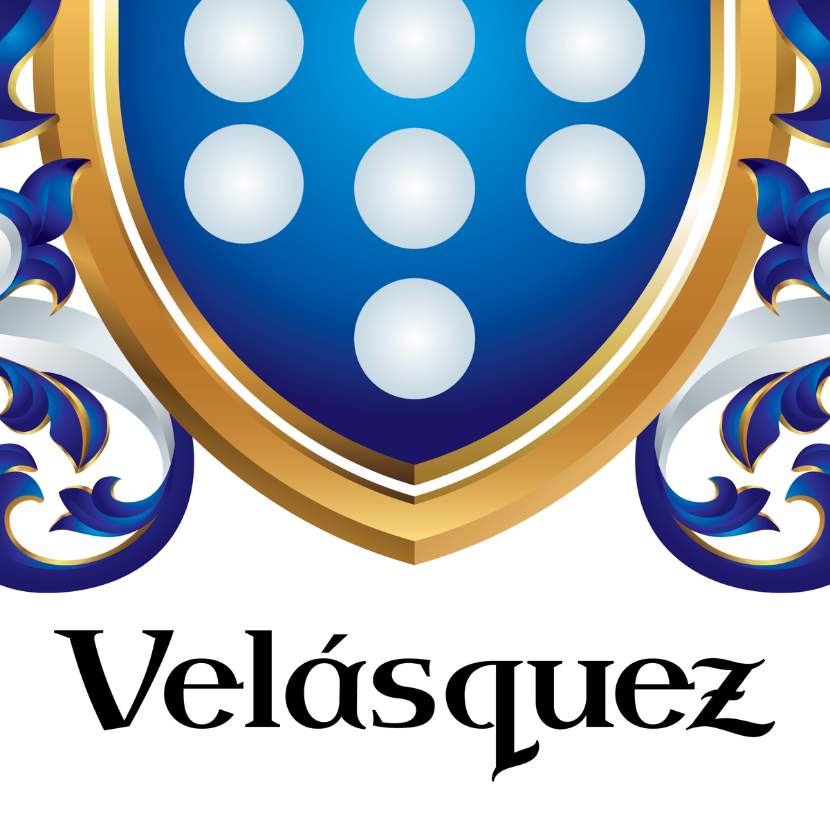 A closeup of the Velasquez-coat-of-arms  with white circular rondels above the word 'Velásquez' in black serif lettering on a white background.