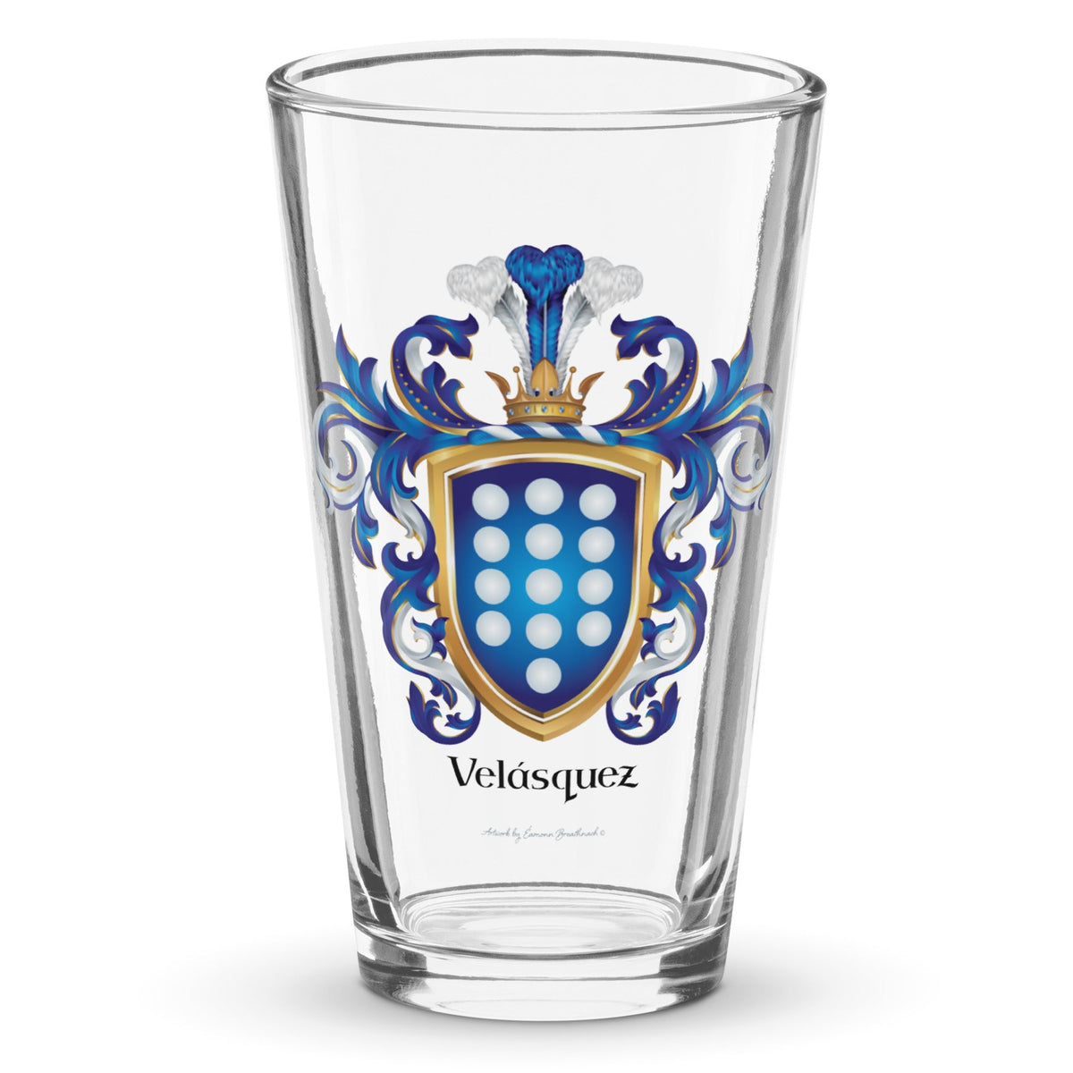 Velasquez Family Crest with 13 white roundels on a blue shield on a pint beer glass - Family Crests Store