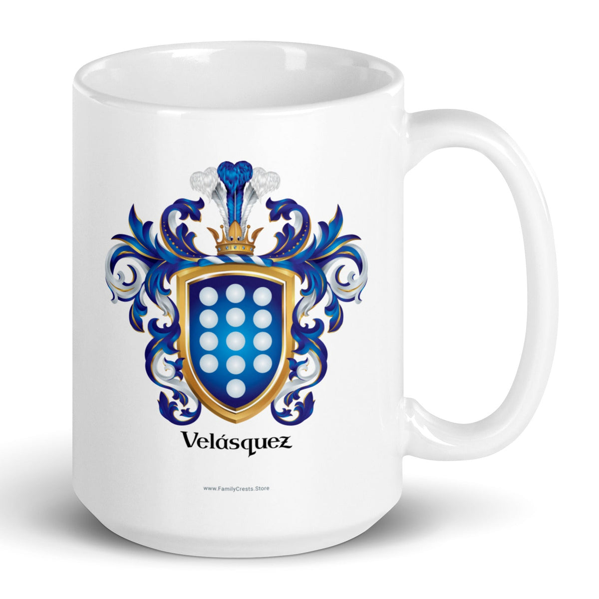 Velasquez Family Crest with 13 white roundels on a blue shield on a white mug - Family Crests Store