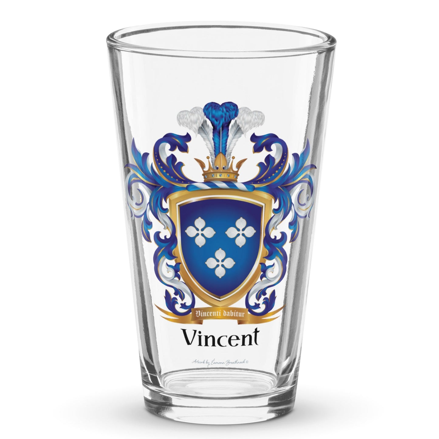 Pint glass on white background with Vincent Family Crest on the front the glass