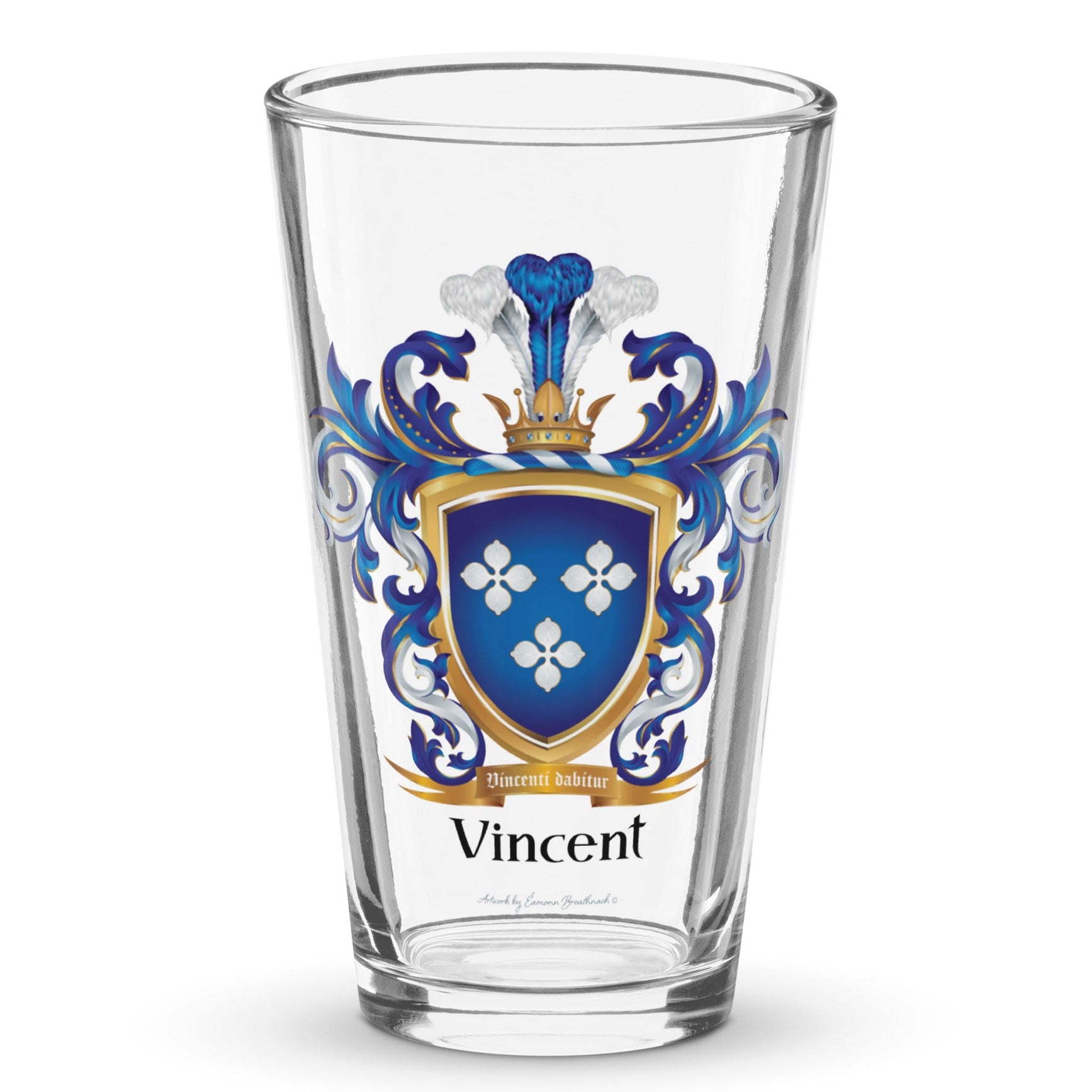 Pint glass on white background with Vincent Family Crest on the front the glass