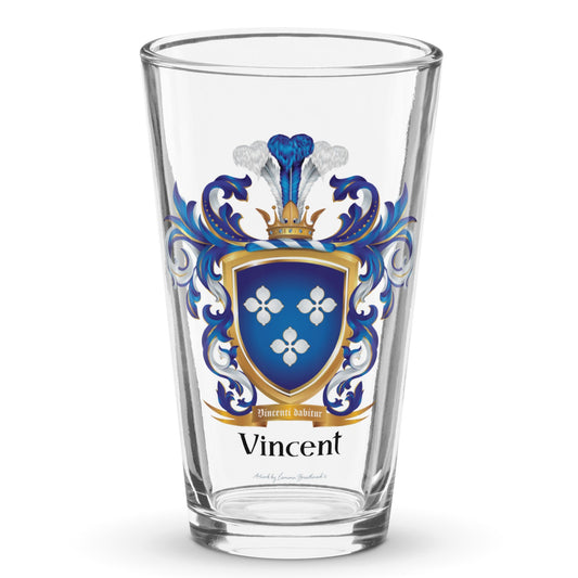 Pint glass on white background with Vincent Family Crest on the front the glass