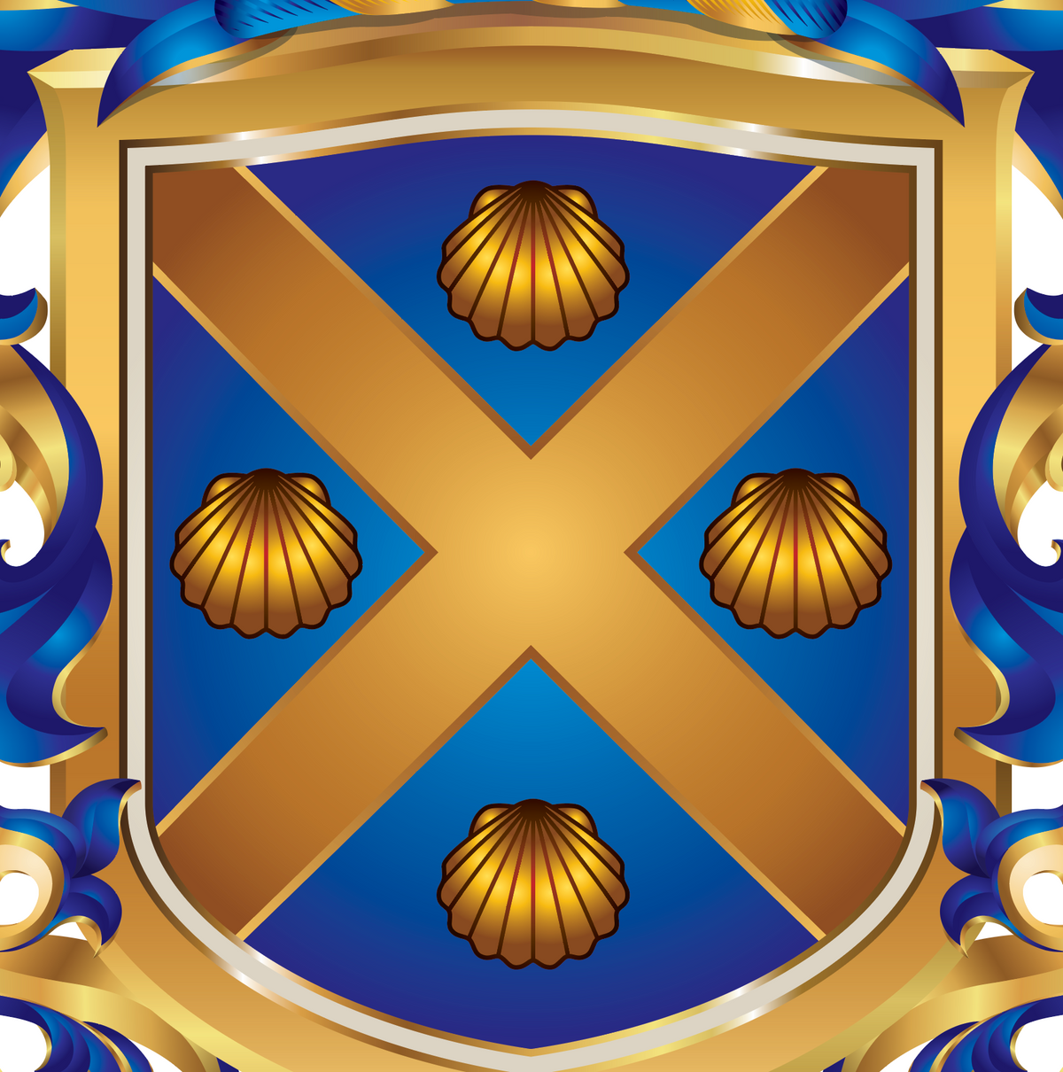 A closeup of the Wade family crest with a  gold saltire on a blue field, decorated with four gold scallop shells, surrounded by an ornate gold and blue decorative border.