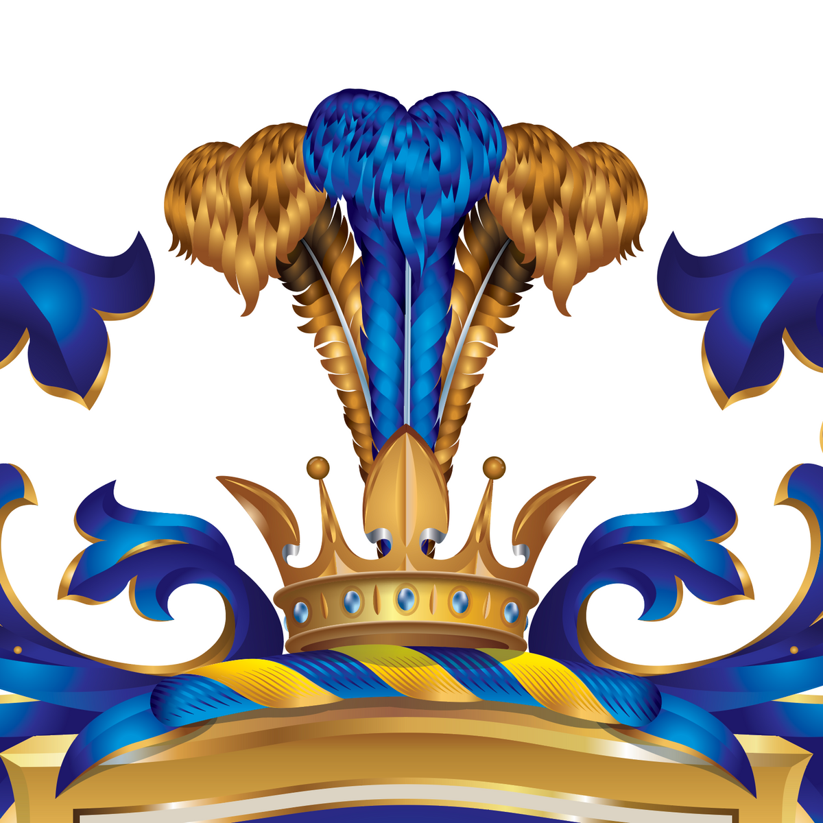 A closeup of the Wade family crest with a  gold crown, blue and gold feathers, and blue scrollwork on a white background.