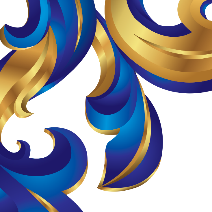 A closeup of the Wade family crest with  gold and deep royal blue mantling on a white background.