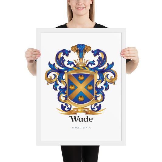 A woman standing and holding a Wade Family Crest framed print with gold clams on a on blue shield — Family Crests Stores 