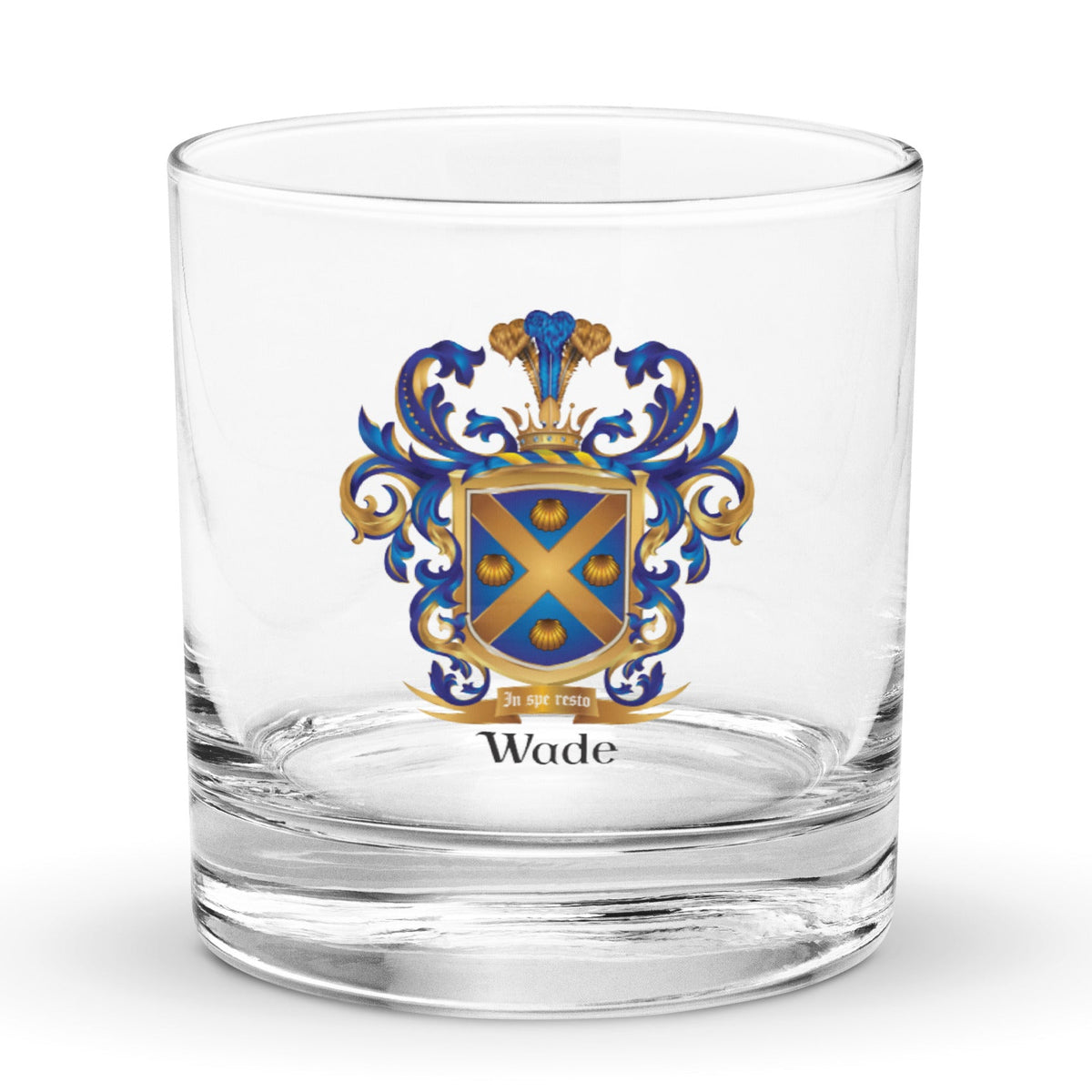 Wade Family Crest Rocks Glass withnblue and gold shield -Family Crests Store