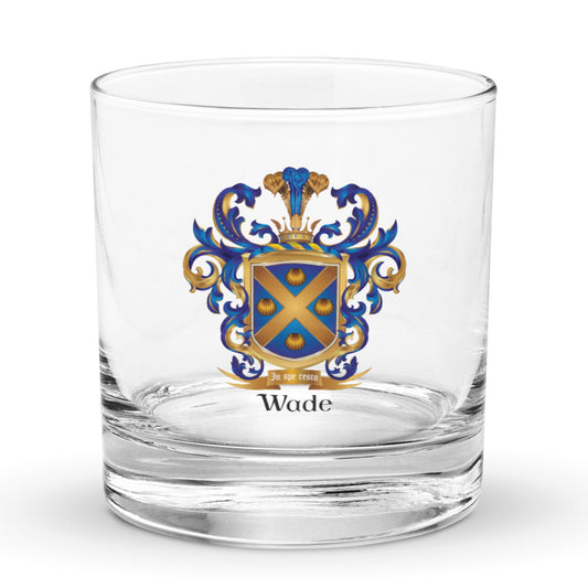 Wade Family Crest Rocks Glass withnblue and gold shield -Family Crests Store