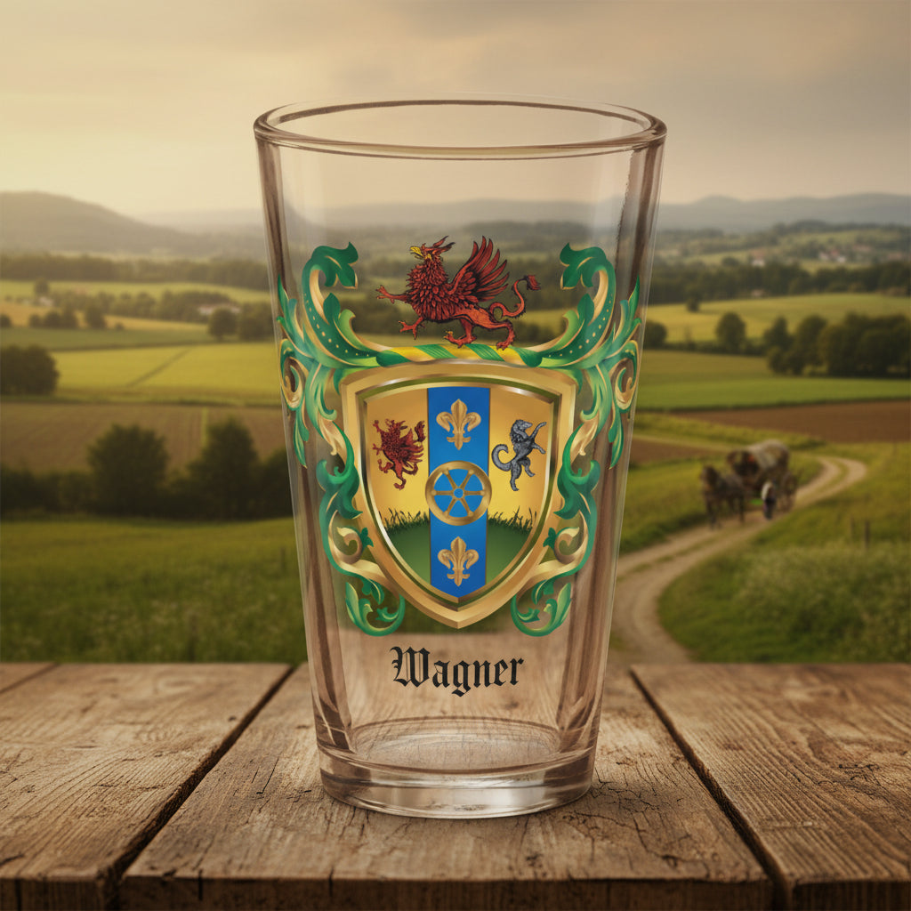Wagner-Family-Crest beer glass on wooden table with rural landscape with a wagon and horse in the background