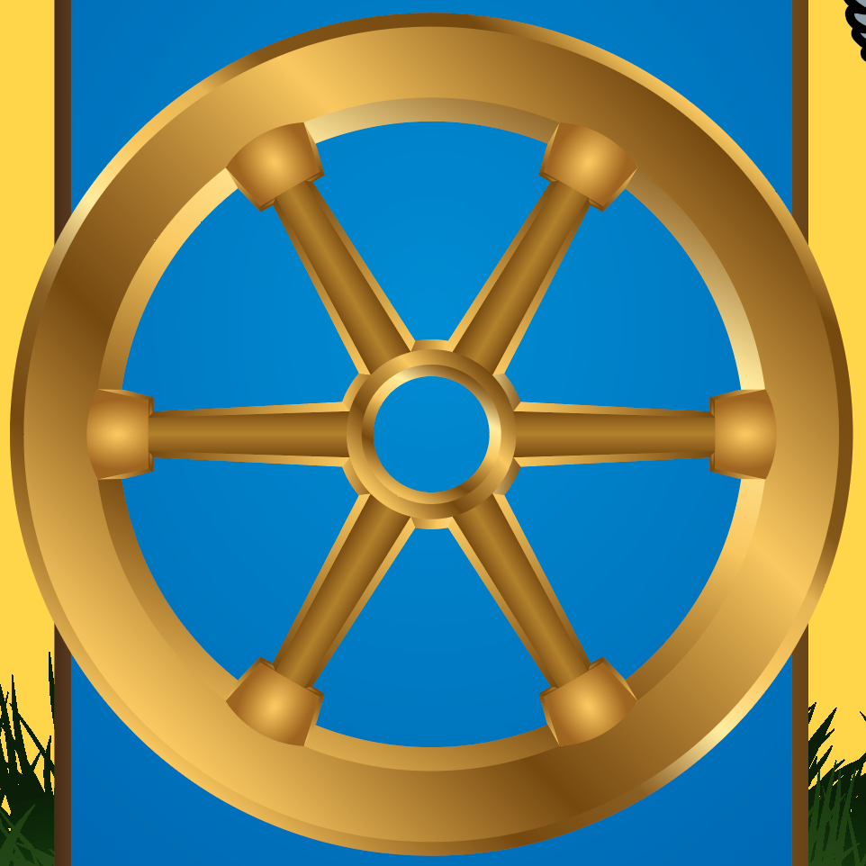 A stylized golden wagon wheel centered on a blue vertical band.