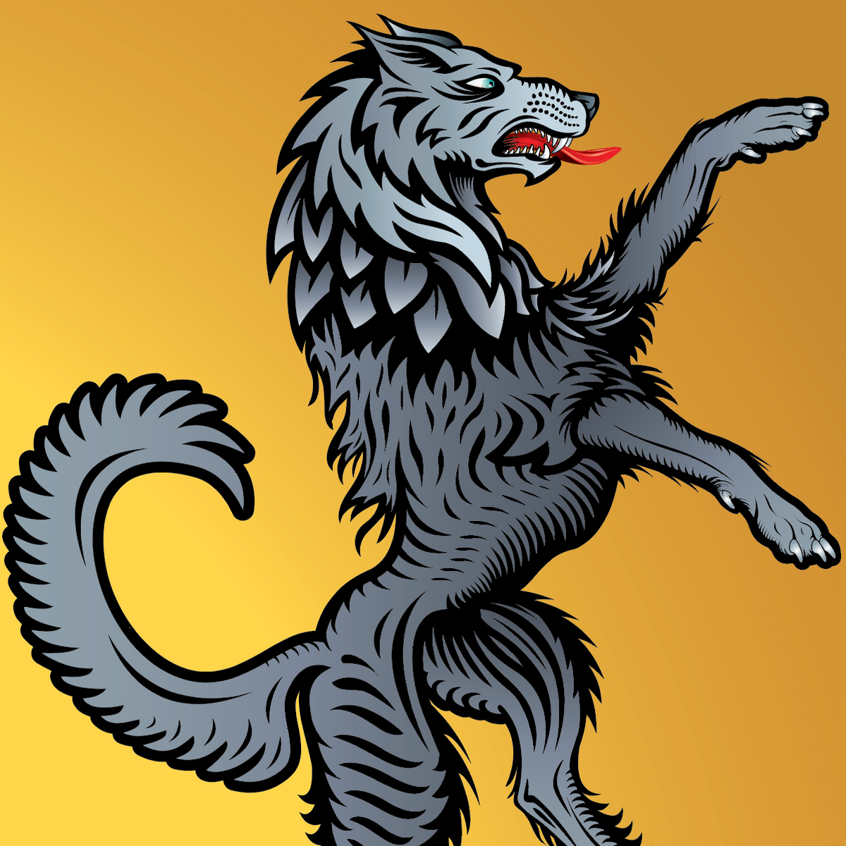 A close up of the Wagner coat of arms with a gray wolf rampant on a gold background.