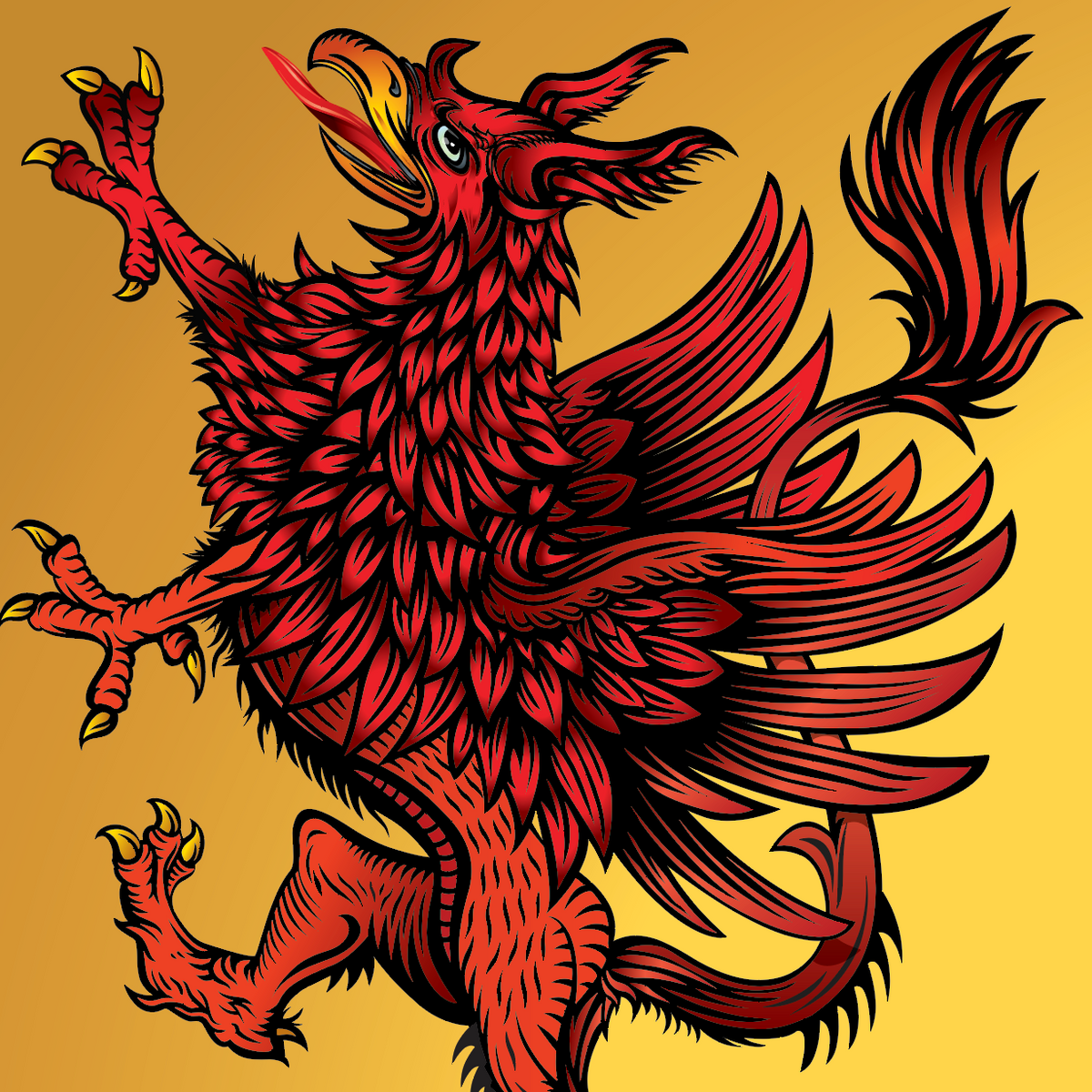 A close up of the Wagner coat of arms with  griffin illustration on a gold background.