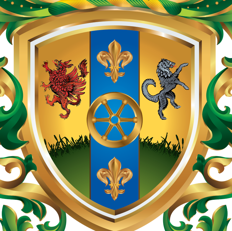 A heraldic shield crest with a gold border and decorative green and gold mantling. The shield is split vertically: the left side is gold with a red griffin, the right side is gold with a gray wolf rampant, and the center is blue with a golden wagon wheel and 2 fleur-de-lis.