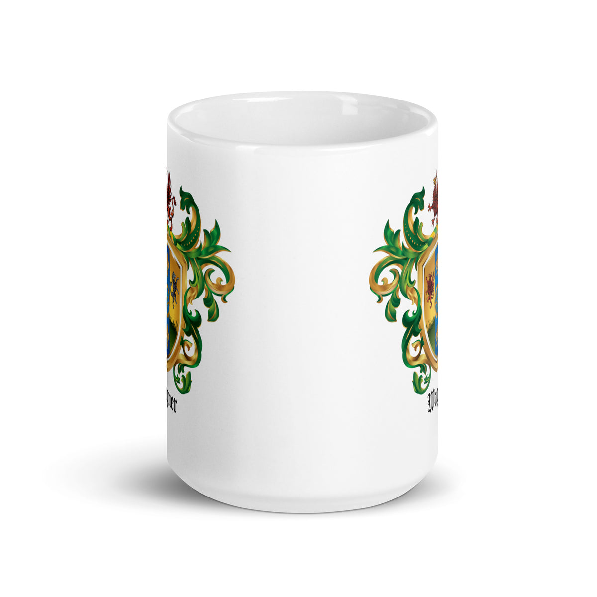 side view of Wagner Family Crest mug featuring  on a white background 
