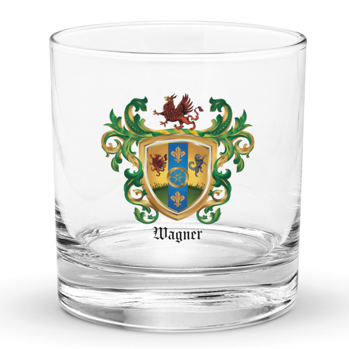 Wagner Family Crest  with a gold wagonwheel and other symbols on a white backgroun