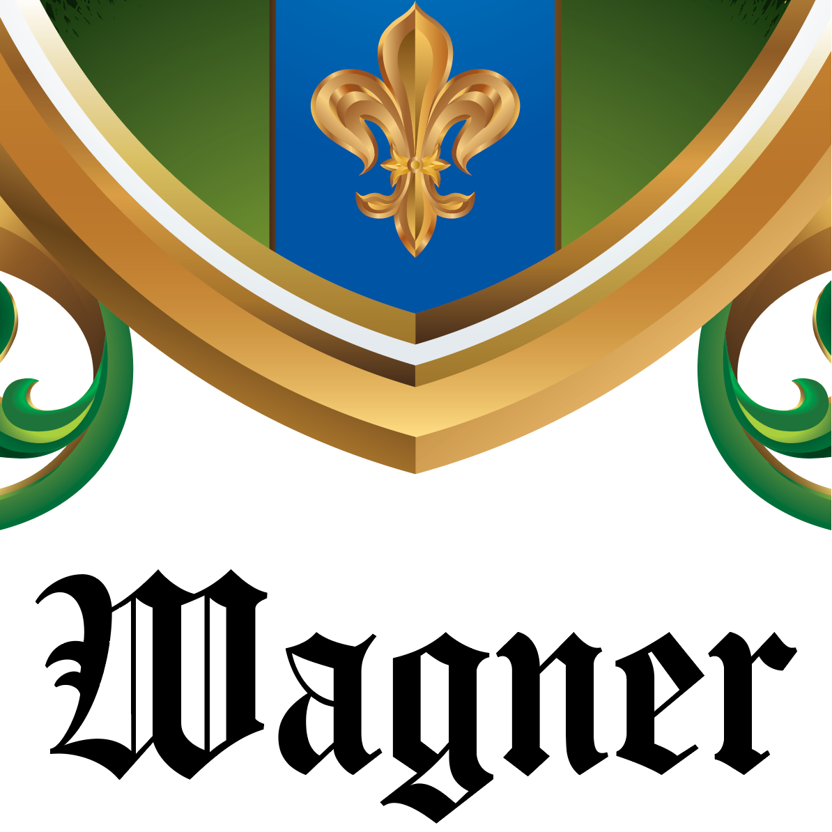 A close up of the Wagner coat of arms with shield and the word 'Wagner' in black gothic lettering below on a white background.