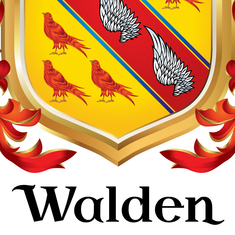 Closeup of part of Walden coat of arms featuring a heraldic shield with a gold border, red diagonal bands with 3 white wings, and three red birds on a yellow field, with the word 'Walden' in black serif text below on a white background.