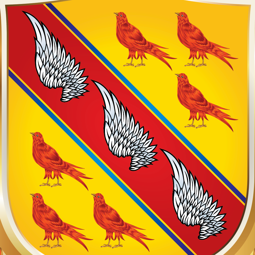 A heraldic golden yellow shield, a diagonal red stripe bordered by thin blue lines, and four red birds plus four white wing motifs.