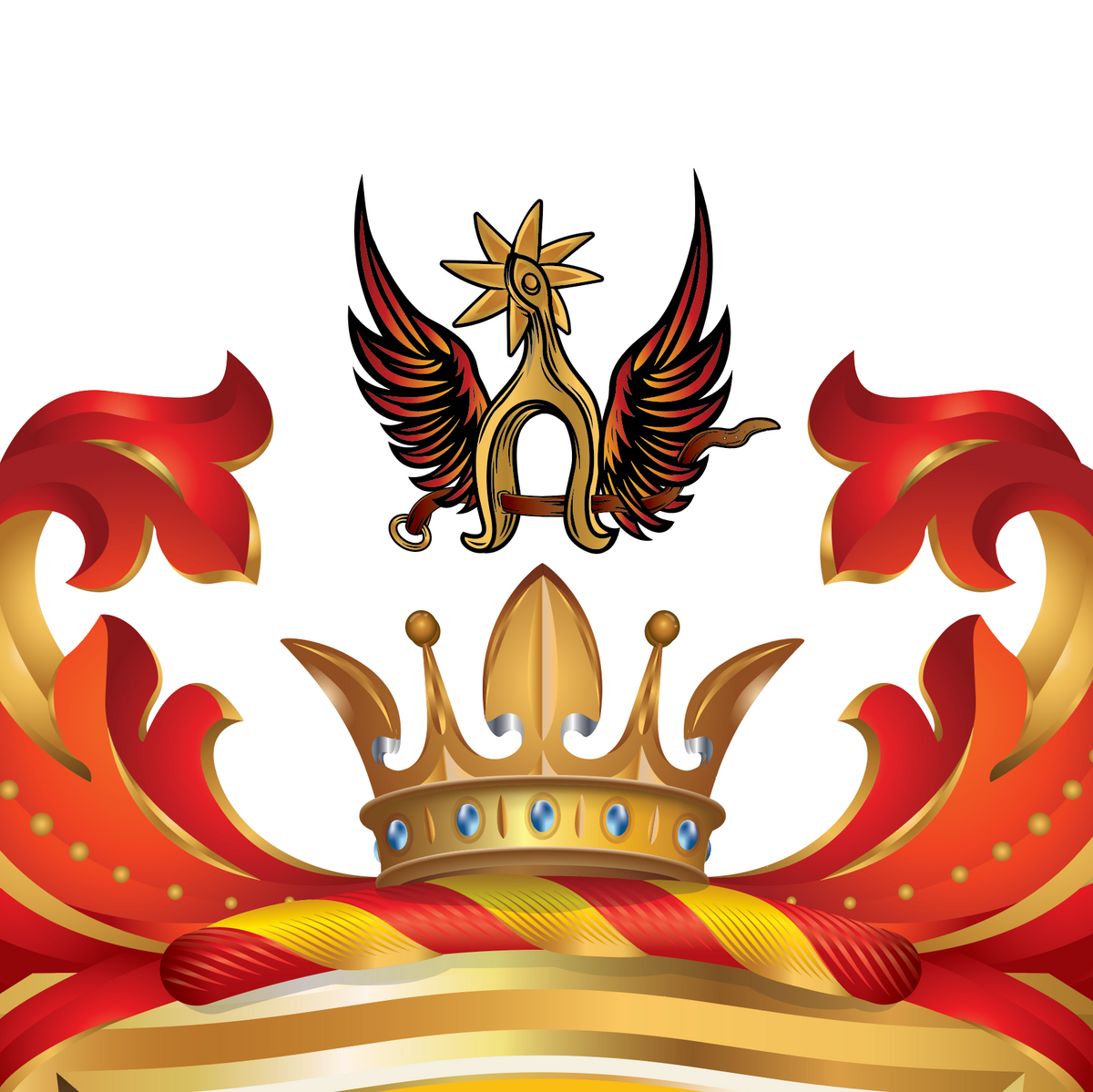 A  heraldic crest featuring a gold crown with a winged spur, and flowing red and gold scrollwork on a white background.