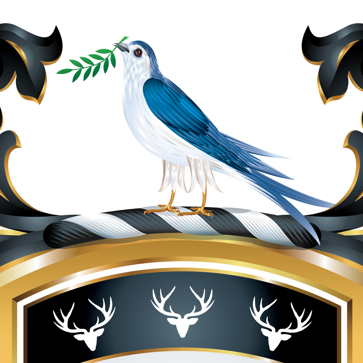 A closeup of the Walker Family Crest featuring a dove perched on the crest, with gold detailing and three white deer head motifs on a black panel below.