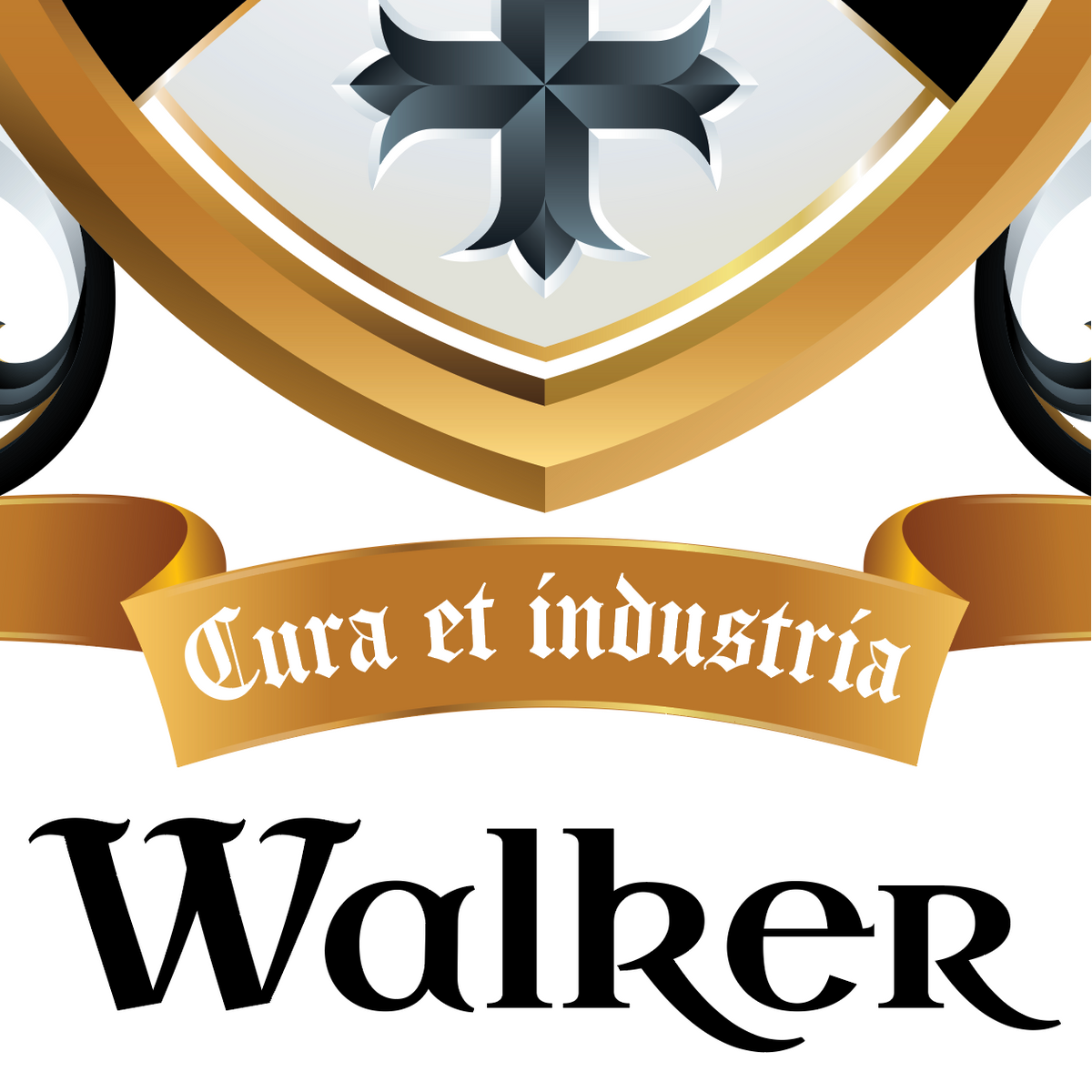 A closeup of the lower half of the Walker Family Crest displaying a black cross on a white shield, a gold motto banner with the  text 'Cura et industria', and the name 'Walker' in a black serif font below.