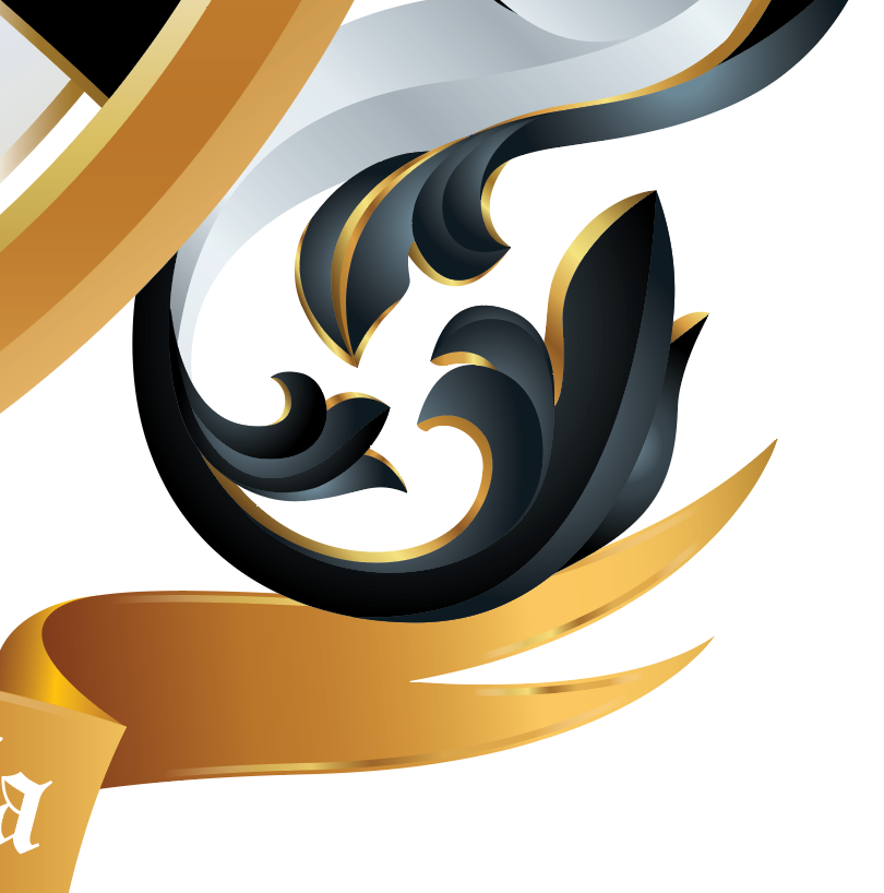 A closeup of the Walker Family Crest featuring black and white ornamental scrollwork with metallic gold accents and ribbon-like curved bands on a white background.