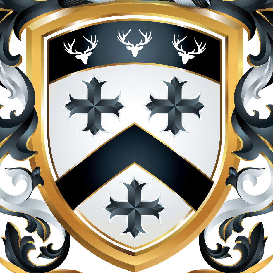 A closeup of the Walker Family Crest showing the shield with a gold border, black and white sections, three deer heads at the top, 3 black crosses, and a black chevron, surrounded by ornate black and white mantling on a white background.